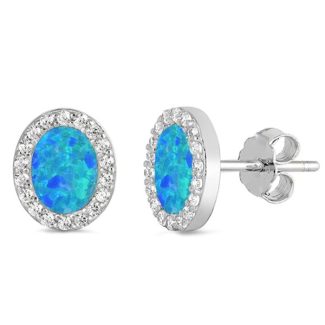 Blue Opal & Cz Oval Stud .925 Sterling Silver Earrings
