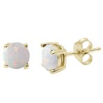 Yellow Gold Plated Round White Opal Stud .925 Sterling Silver Earrings